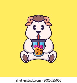 Cute sheep Drinking Boba milk tea. Animal cartoon concept isolated. Can used for t-shirt, greeting card, invitation card or mascot.