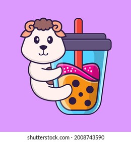 Cute sheep Drinking Boba milk tea. Animal cartoon concept isolated. Can used for t-shirt, greeting card, invitation card or mascot.