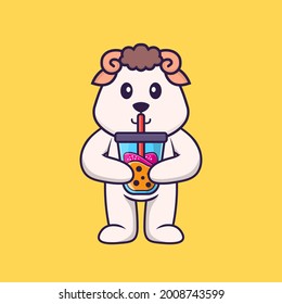 Cute sheep Drinking Boba milk tea. Animal cartoon concept isolated. Can used for t-shirt, greeting card, invitation card or mascot.