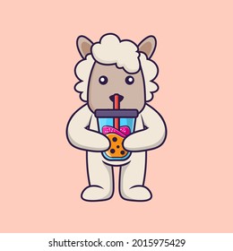Cute sheep Drinking Boba milk tea.