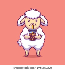 cute sheep drinking bubble tea cartoon illustration The Concept of Isolated Technology. Flat Cartoon Style Suitable for Landing Web Pages, Banners, Flyers, Stickers, Cards