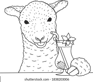 Cute sheep drinking cocktail in the bar design for printing. Vector illustration.