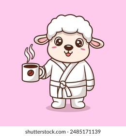 Cute sheep drinking coffee cartoon icon illustration. Animal drink icon concept isolated flat cartoon style