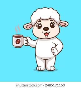 Cute sheep drinking coffee cartoon icon illustration. Animal drink icon concept isolated flat cartoon style