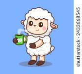 Cute Sheep Drinking Hot Coffee Cartoon Vector Icon Illustration. Animal Drink Icon Concept Isolated Premium Vector. Flat Cartoon Style
