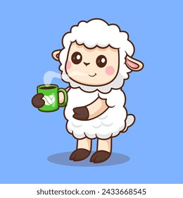 Cute Sheep Drinking Hot Coffee Cartoon Vector Icon Illustration. Animal Drink Icon Concept Isolated Premium Vector. Flat Cartoon Style