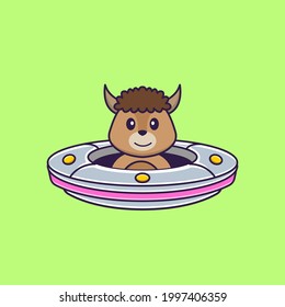 Cute sheep Driving Spaceship Ufo. Animal cartoon concept isolated. Can used for t-shirt, greeting card, invitation card or mascot.