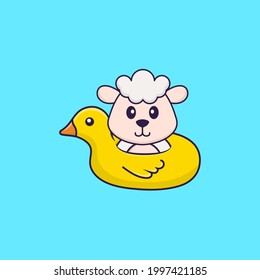 Cute sheep With Duck buoy. Animal cartoon concept isolated. Can used for t-shirt, greeting card, invitation card or mascot.