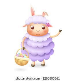 Cute sheep with easter eggs in basket celebrate Easter - isolated on white background