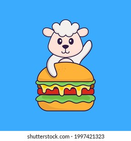 Cute sheep eating burger. Animal cartoon concept isolated. Can used for t-shirt, greeting card, invitation card or mascot.