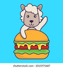 Cute sheep eating burger. Vector illustration