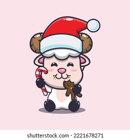 Cute sheep eating christmas cookies and candy. Cute christmas cartoon illustration. 