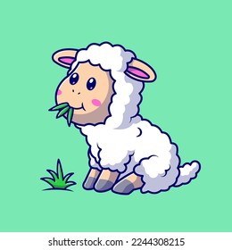 Cute Sheep Eating Grass Cartoon Vector Icon Illustration. Animal Nature Icon Concept Isolated Premium Vector. Flat Cartoon Style