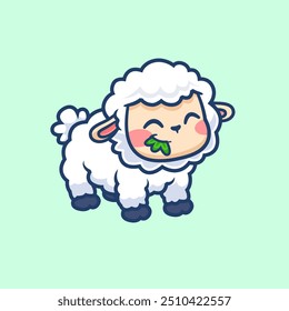 Cute Sheep Eating Grass Cartoon Vector Icon Illustration. Animal Nature Icon Concept Isolated Premium Vector. Flat Cartoon Style
