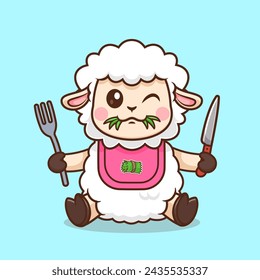 Cute Sheep Eating Grass With Spoon And Fork Cartoon Vector Icon Illustration. Animal Nature Icon Concept Isolated Premium Vector. Flat Cartoon Style