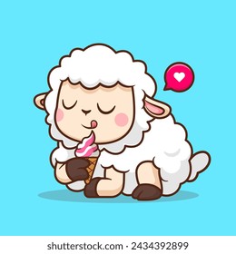 Cute Sheep Eating Ice Cream Cone Cartoon Vector Icon Illustration. Animal Food Icon Concept Isolated Premium Vector. Flat Cartoon Style