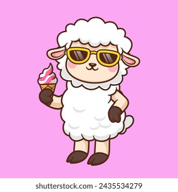 Cute Sheep Eating Ice Cream Wearing Glasses Cartoon Vector Icon Illustration. Animal Food Icon Concept Isolated Premium Vector. Flat Cartoon Style