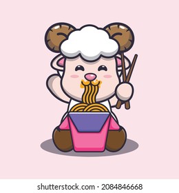 Cute sheep eating noodle. Cute cartoon animal illustration.