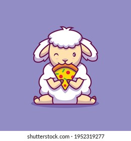 Cute sheep eating pizza cartoon illustration The Concept of Isolated Technology. Flat Cartoon Style Suitable for Landing Web Pages, Banners, Flyers, Stickers, Cards