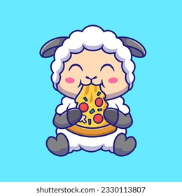 Cute Sheep Eating Pizza Cartoon Vektorsymbol Illustration. Tierisches Lebensmittelsymbol Konzept isolierter Premium-Vektorgrafik. Flachbildkartonstil