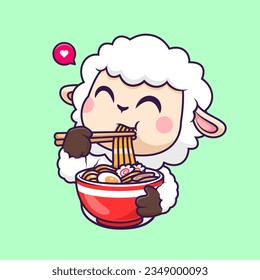 Cute Sheep Eating Ramen Noodle Cartoon Vektorsymbol Illustration. Tierisches Lebensmittelsymbol Konzept isolierter Premium-Vektorgrafik. Flachbildkartonstil