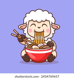 Ilustración del icono del vector de la historieta del fideo del ramen que come ovejas lindas. Icono de la comida animal Concepto Vector Premium aislado. Estilo plano de dibujos animados