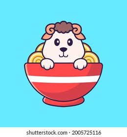 Cute sheep eating ramen noodles. Animal cartoon concept isolated. Can used for t-shirt, greeting card, invitation card or mascot.