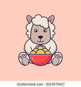 Cute sheep eating ramen noodles.