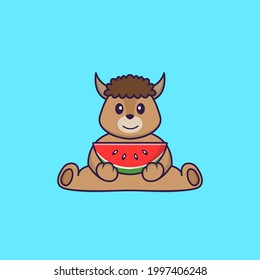 Cute sheep eating watermelon. Animal cartoon concept isolated. Can used for t-shirt, greeting card, invitation card or mascot.