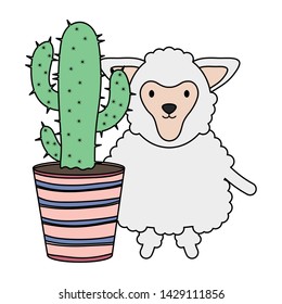 cute sheep with exotic cactus in ceramic pot