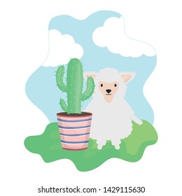 cute sheep with exotic cactus in ceramic pot