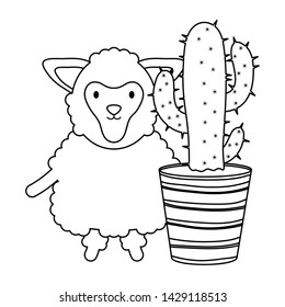 cute sheep with exotic cactus in ceramic pot