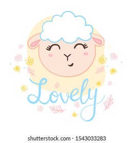 Cute sheep face. Flat icon. Vector illustration