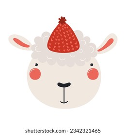 Cute sheep face in knitted hat character illustration. Hand drawn animal, Scandinavian style flat design, isolated vector. Kids autumn, fall print, element, seasonal activity