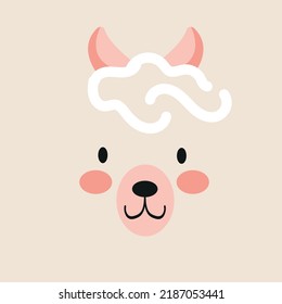 Cute sheep face, lama muzzle, animal head, portrait. Nursery character card for childish design of wrapping paper, fabric, textile, poster, graphic, print. Scandinavian cartoon vector illustration