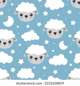 Cute sheep face with stars, moon and clouds on a pastel blue background. Kids sky pajama print design, fabric and textile.