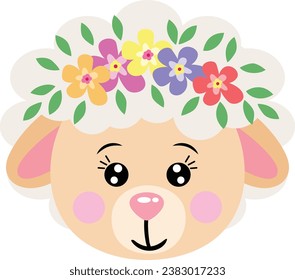 Cute sheep face with wreath floral on head
