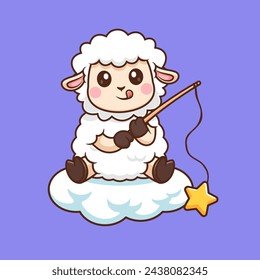 Cute Sheep Fishing Star On Cloud Cartoon Vector Icon Illustration. Animal Nature Icon Concept Isolated Premium Vector. Flat Cartoon Style