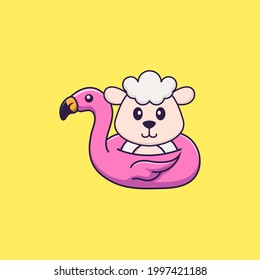 Cute sheep With flamingo buoy. Animal cartoon concept isolated. Can used for t-shirt, greeting card, invitation card or mascot.