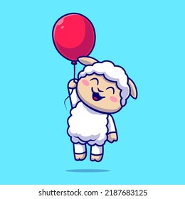 Cute Sheep Floating With Balloon Cartoon Vector Icon Illustration. Animal Nature Icon Concept Isolated Premium Vector. Flat Cartoon Style