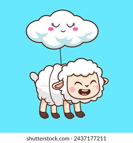 Cute Sheep Floating With Cloud Balloon Cartoon Vector Icon Illustration. Animal Nature Icon Concept Isolated Premium Vector. Flat Cartoon Style