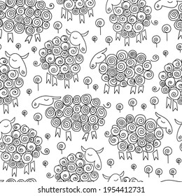 Cute sheep. Flock of sheep. Seamless pattern. Animal background. Wallpaper for child. Coloring book.