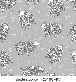Cute sheep. Flock of sheep. Seamless pattern. Animal background. Wallpaper for child. 