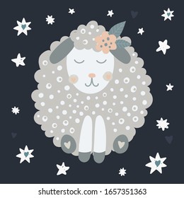 Cute sheep with flower on stars background. Vector kids illustration. Nursery print for t-shirts, posters, room decor, greeting cards.