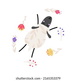 Cute sheep with flowers. Cartoon character lamb isolated on white background. Vector illustration.