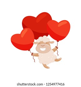 Cute sheep flying with bright red heart-shaped balloons. Funny farm animal. Valentine s day theme. Flat vector icon