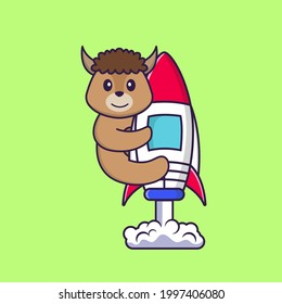 Cute sheep flying on rocket. Animal cartoon concept isolated. Can used for t-shirt, greeting card, invitation card or mascot.