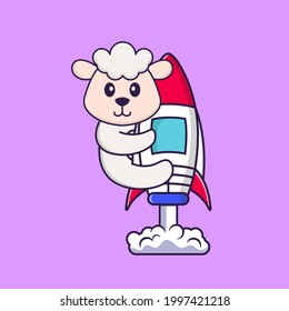 Cute sheep flying on rocket. Animal cartoon concept isolated. Can used for t-shirt, greeting card, invitation card or mascot.