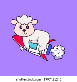 Cute sheep flying on rocket. Animal cartoon concept isolated. Can used for t-shirt, greeting card, invitation card or mascot.