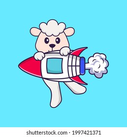 Cute sheep flying on rocket. Animal cartoon concept isolated. Can used for t-shirt, greeting card, invitation card or mascot.